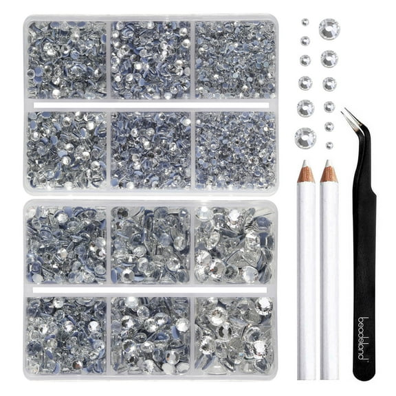 BEADSLAND 6080PCS Clear Hotfix Rhinestones, 6 Sizes with Wax Pencil and Tweezers Kit, SS6-SS30, Crystal
