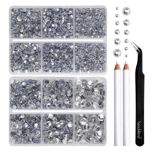 BEADSLAND 6080PCS Clear Hotfix Rhinestones, 6 Sizes with Wax Pencil and Tweezers Kit, SS6-SS30, Crystal