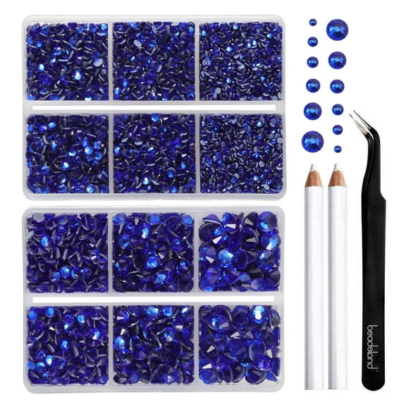 BEADSLAND 6080PCS Dark Blue Hotfix Rhinestones, 6 Sizes with Wax Pencil and Tweezers Kit, SS6-SS30, Sapphire