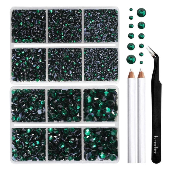 BEADSLAND 6080PCS Green Hotfix Rhinestones, 6 Sizes with Wax Pencil and Tweezers Kit, SS6-SS30, Emerald