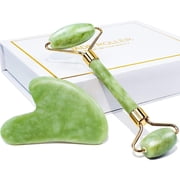 BEAKEY Jade Roller & Gua Sha, Natural Jade Face Roller Gua Sha Tool Facial Skin Care Supplies, Green