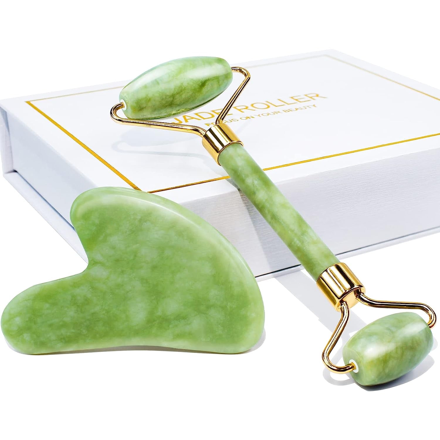 BEAKEY Jade Roller & Gua Sha, Natural Jade Face Roller Gua Sha Tool Facial Skin Care Massager, Green