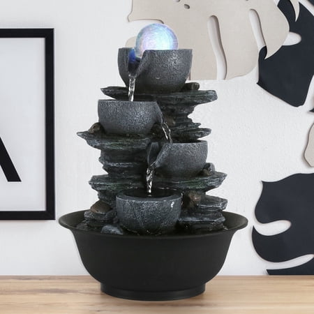BEAMNOVA 11"Tall Tabletop Water Fountain, 4 Tier Rockery Flowing Bowls Waterfalls Indoor Fountain with Rolling Ball, Colored Light