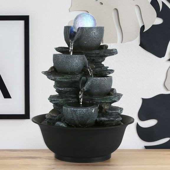 BEAMNOVA 11"H Tabletop Water Fountain with Rolling Ball & LED Light, Indoor Resin Rockery Waterfall Fountain Decor
