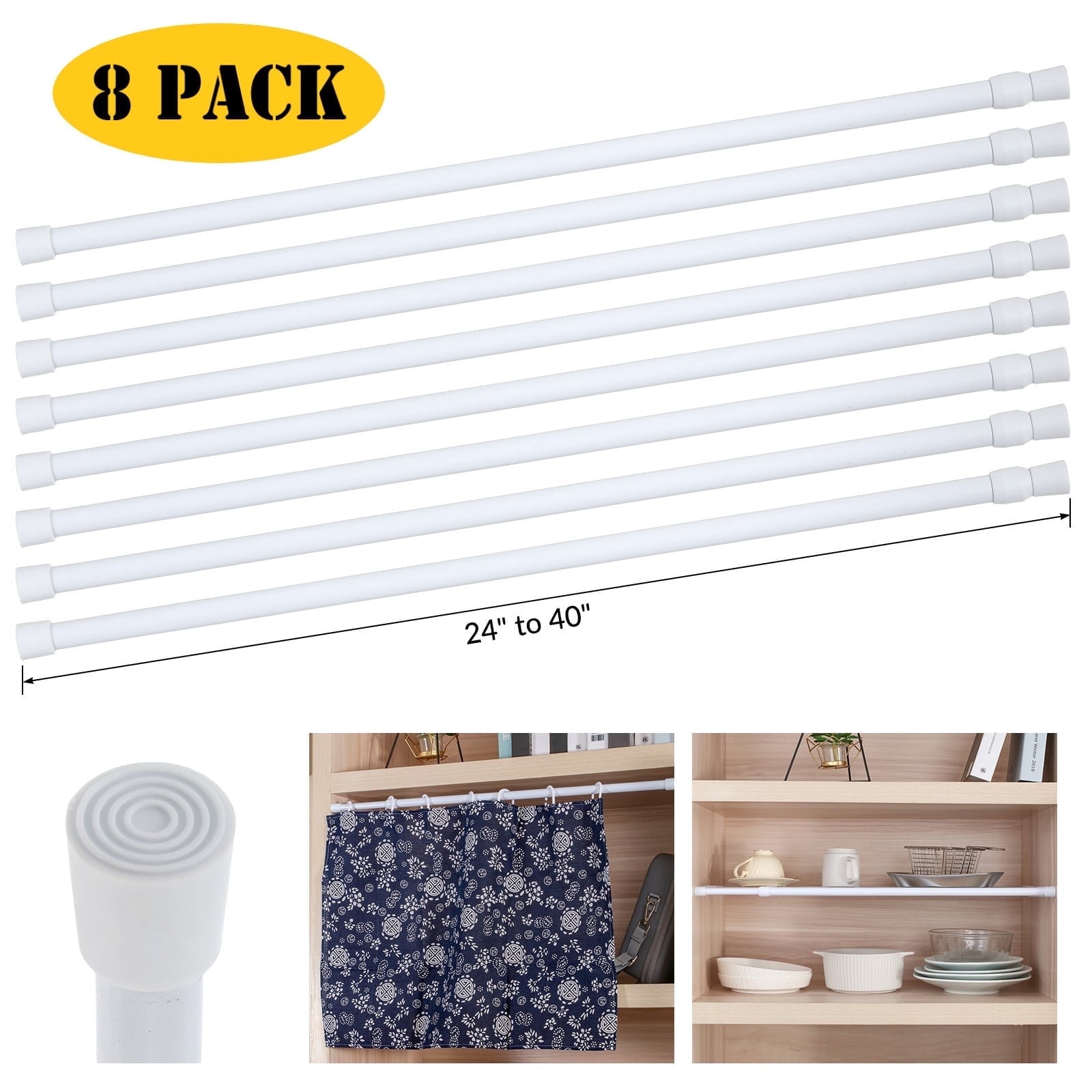BEAMNOVA 24"-40" Adjustable Tension Curtain Rod, 5/8" Diameter, Spring Tension Rods for Windows Cabinet Wardrobe Closet Shower Curtains, White (8 Pack)