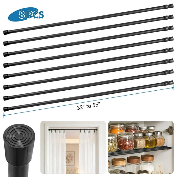 BEAMNOVA 32"-55" Adjustable Tension Curtain Rod, 5/8" Diameter, Spring Tension Rods for Windows Cabinet Wardrobe Closet Shower Curtains, Black (8 Pack)