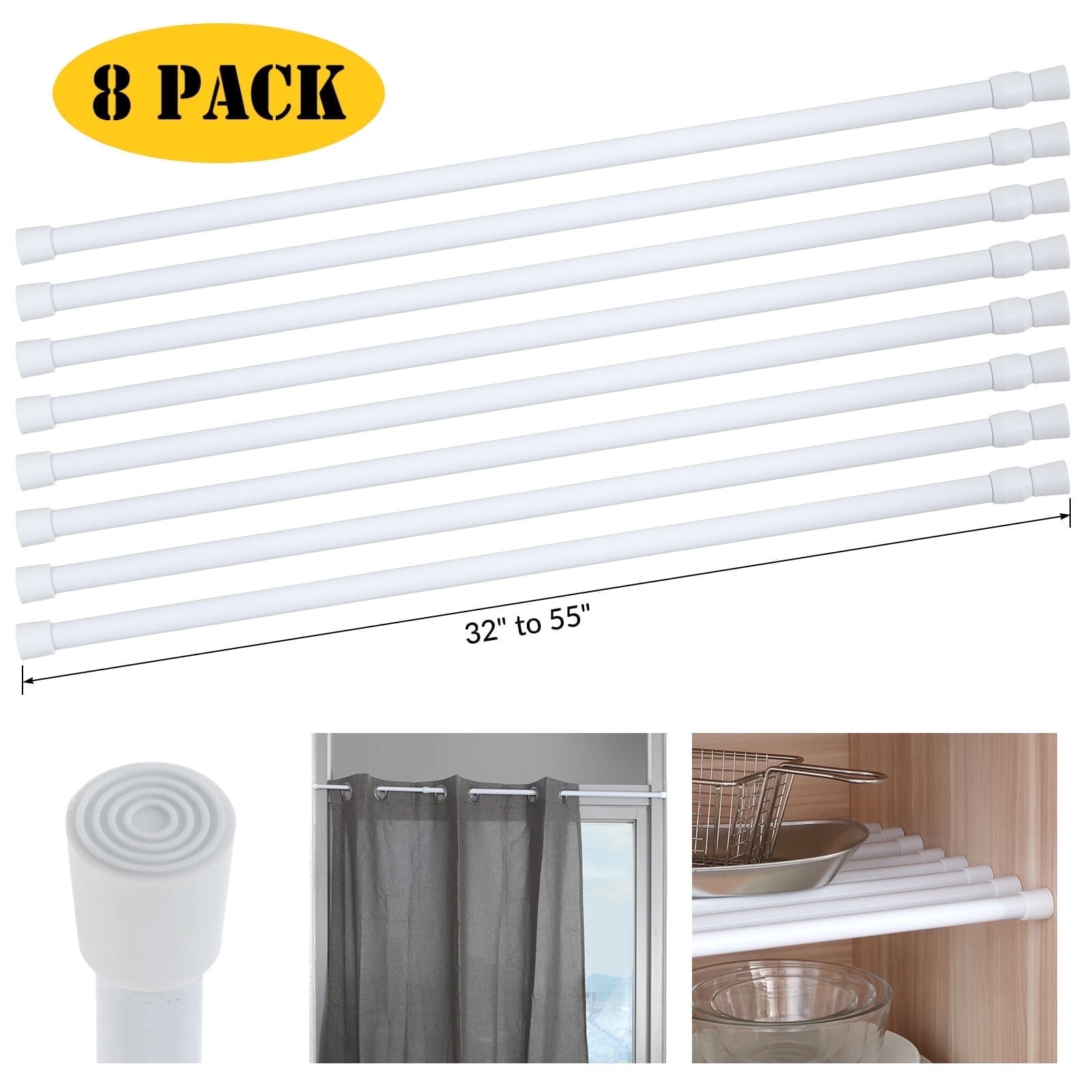 BEAMNOVA 32"-55" Adjustable Tension Curtain Rod, 5/8" Diameter, Spring Tension Rods for Windows Cabinet Wardrobe Closet Shower Curtains, White (8 Pack)