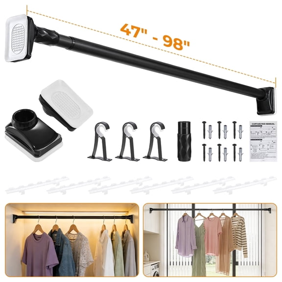 BEAMNOVA Closet Rod for Hanging Clothes, 47"-98" Adjustable No Drilling Multifunctional Tension Rod with Windproof Buckles & Mounting Brackets, 1.25" Diameter, Matte Black