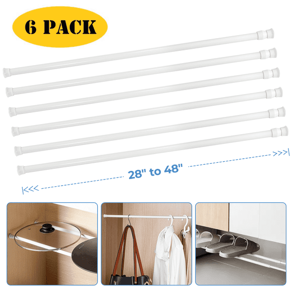 BEAMNOVA 6Pcs Tension Curtain Rod for Windows Cabinet Wardrobe Closet 28"-48" Adjustable, 1/2" Diameter, White