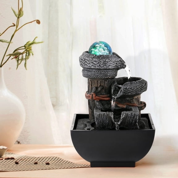 BEAMNOVA 7.9"Tall Tabletop Fountain, Small Resin Flowing Bowls Waterfalls Indoor Desktop Fountain with Rolling Ball, Colored Light