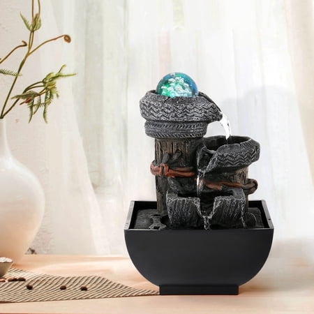BEAMNOVA 7.9"Tall Tabletop Fountain, Small Resin Flowing Bowls Waterfalls Indoor Desktop Fountain with Rolling Ball, Colored Light