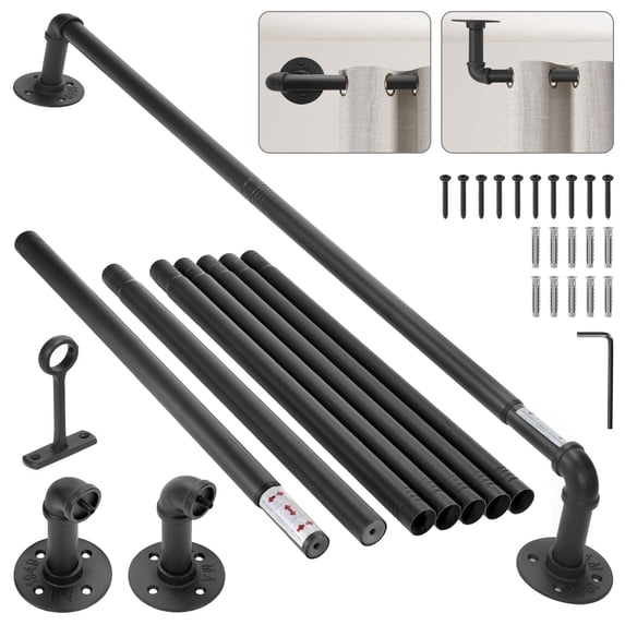 BEAMNOVA Industrial Curtain Rod for Windows, 66" to 120" Adjustable Long Curtain Rod, Black Iron Curtain Rod for Outdoor/Indoor, Wall Mounted or Ceiling (1 Pack)
