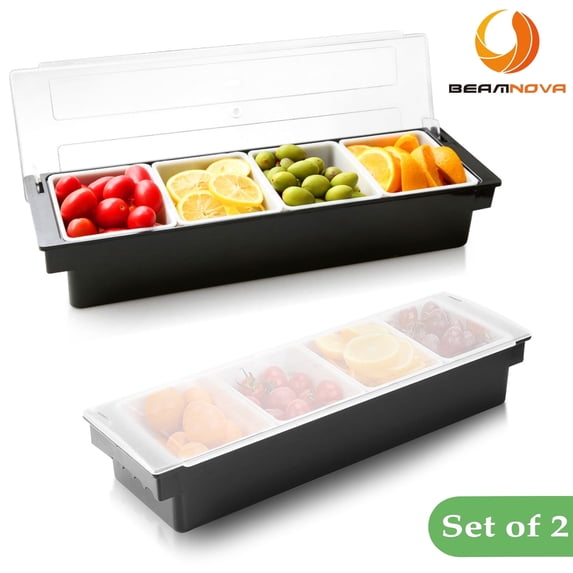 BEAMNOVA Chilled Condiment Server with Lid, 4 Compartments Ice Chilled Fruit Salad Garnish Dispenser Box Condiment Caddy Containers (2 Pack)