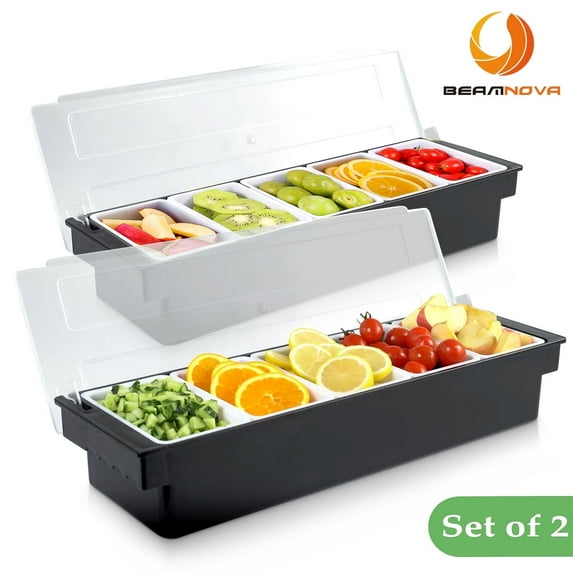 BEAMNOVA Chilled Condiment Server with Lid, 5 Compartments Ice Chilled Fruit Salad Garnish Dispenser Box Condiment Caddy Containers (2 Pack)