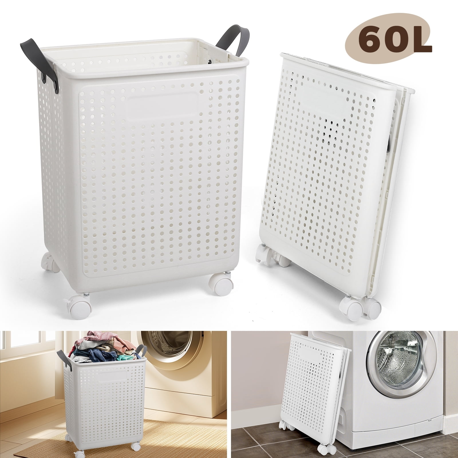 BEAMNOVA Collapsible Laundry Basket with Wheels and Handle, 60L Large Foldable Laundry Hamper Plastic Dirty Clothes Storage Basket (White)