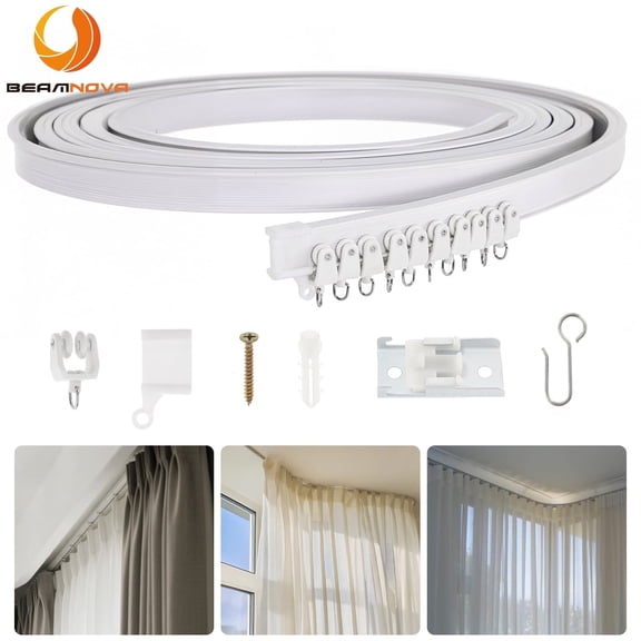 BEAMNOVA Flexible Ceiling Curtain Track, 9.8ft Bendable Cuttable Curtain Rail System for Room Divider RV Camper Bay Window Curtains, White
