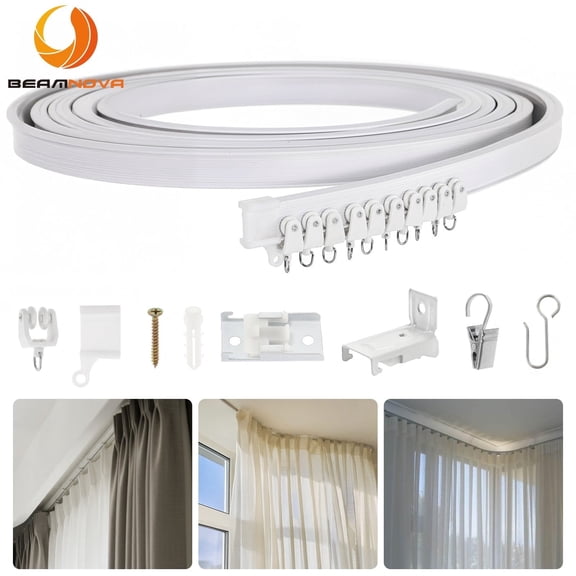 BEAMNOVA Flexible Ceiling Curtain Track, 16.4ft Bendable Cuttable Curtain Rail System for Room Divider RV Camper Bay Window Curtains, White