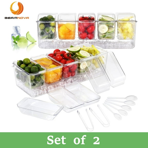 BEAMNOVA Ice Chilled Condiment Server Tray, Bar Fruit Caddy with Lid and 5 Removable Compartments, Clear Ice Condiment Serving Tray for Party, Toppings Bar Container, Set of 2