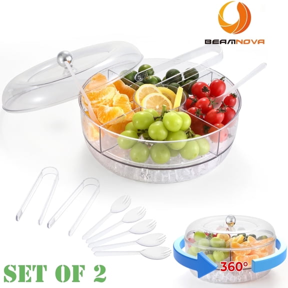 BEAMNOVA Ice Chilled Condiment Server with Lid, 10" Round Rotating Fruit Salad Bowls Snack Candy Divided Serving Tray with Compartments, Transparent (2 Pack)