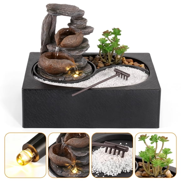BEAMNOVA Tabletop Water Fountain with Warm LED Glow, Desktop Waterfall Decor, Includes Artificial Plant, Pebbles, Sand & Rake
