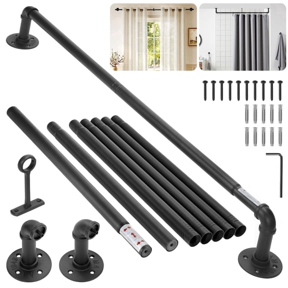 BEAMNOVA Industrial Curtain Rod for Windows, 66" to 120" Adjustable Long Curtain Rod, Black Iron Curtain Rod for Outdoor/Indoor, Wall Mounted or Ceiling (2 Pack)