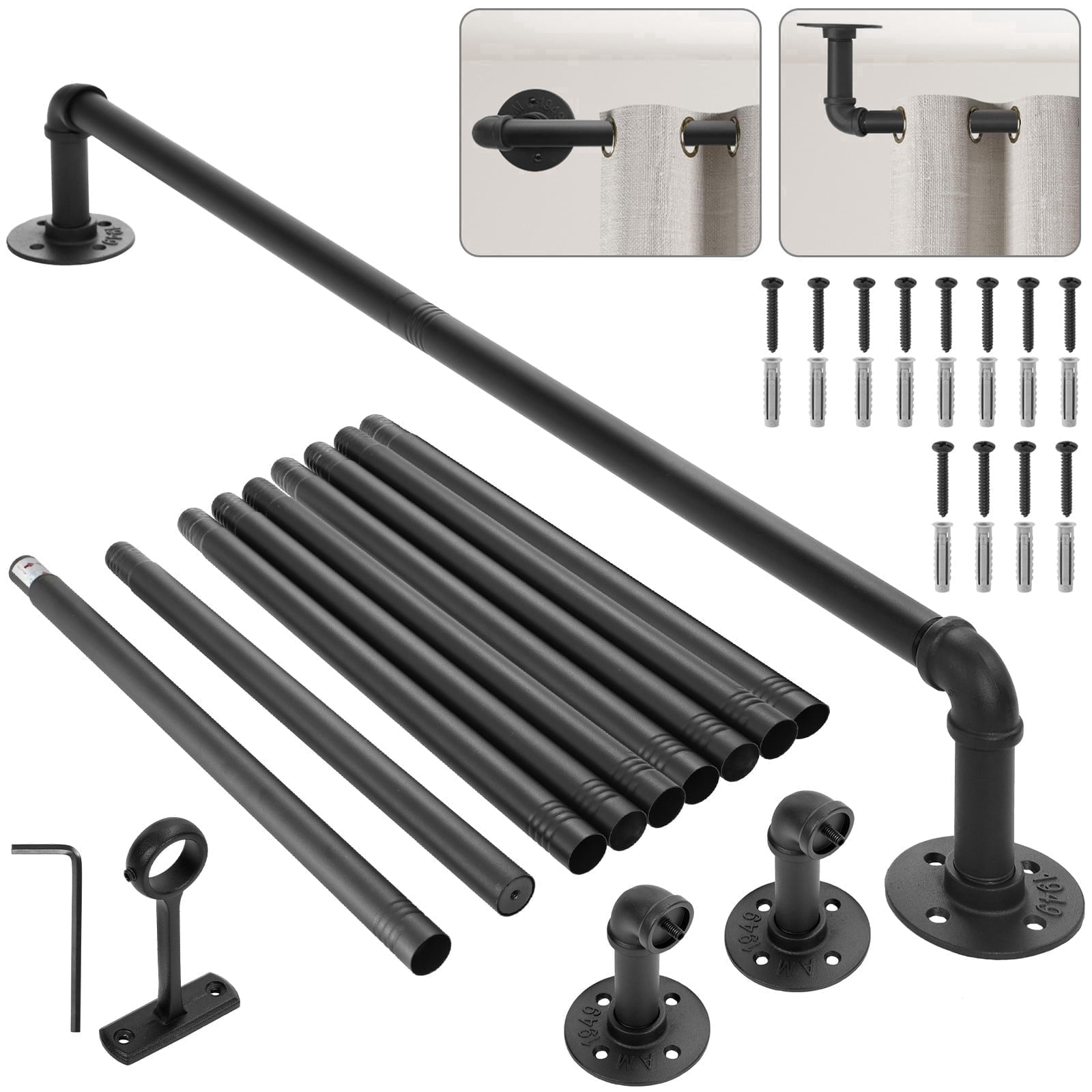 BEAMNOVA Industrial Curtain Rod for Windows, 84" to 144" Adjustable Long Curtain Rod, Black Iron Single Curtain Rod for Outdoor Indoor (1 Pack)