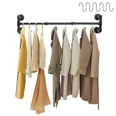 BEAMNOVA Industrial Pipe 40'' L Clothes Rack with 5 Hooks, Wall Mounted Heavy Duty Metal Retro Garment Display Hanging Rod Bar, Max Load 110lbs (Black)
