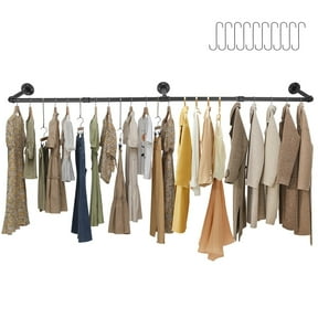 Industrial Pipe 72'' L Clothes Rack with 10 Hooks, Wall Mounted Heavy Duty Metal Retro Garment Display Hanging Rod Bar, Max Load 135lbs (Black)
