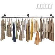 Industrial Pipe 72 L Clothes Rack with 10 Hooks, Wall Mounted Heavy Duty Metal Retro Garment Display Hanging Rod Bar, Max Load 135lbs Black