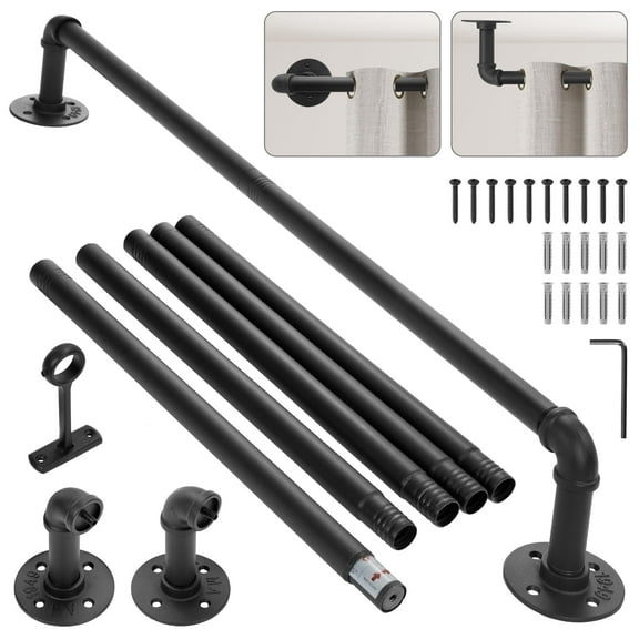 BEAMNOVA Industrial Curtain Rod for Windows, 48" to 84" Adjustable Curtain Rod, Rustic Curtain Rod for Outdoor/Indoor, Wall Mounted or Ceiling (Black)