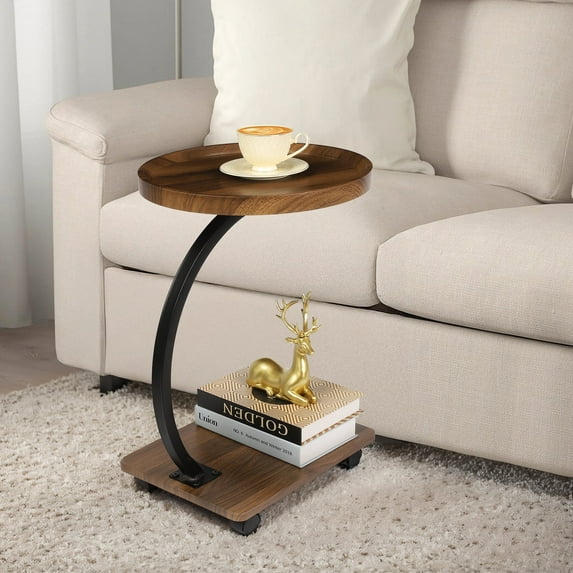BEAMNOVA End Table with Rolling Wheels, C-Shaped Movable Side Table for Sofa Living Room Bedroom Coffee Eating Writing Reading Table