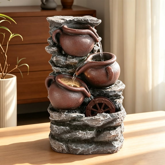 BEAMNOVA 12" Vintage Tabletop Fountain with Warm LED Light, 3-Tier Desktop Waterfall for Home Office & Living Room Decor