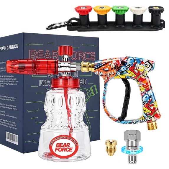 BEAR FORCE Pressure Washer Spray Gun Power Washer Short Gun with M22 Inlet-14mm & Foam Cannon Foam Gun with 5 Nozzles Tips #035 & 3/8'' Quick Connector, Additional Orifice Nozzle 1.10mm Car Washing