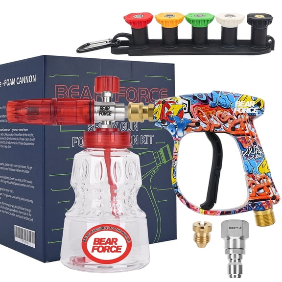 BEAR FORCE Pressure Washer Spray Gun Power Washer Short Gun with M22 Inlet-14mm & Foam Cannon Foam Gun with 5 Nozzles Tips #035 & 3/8'' Quick Connector, Additional Orifice Nozzle 1.10mm Car Washing