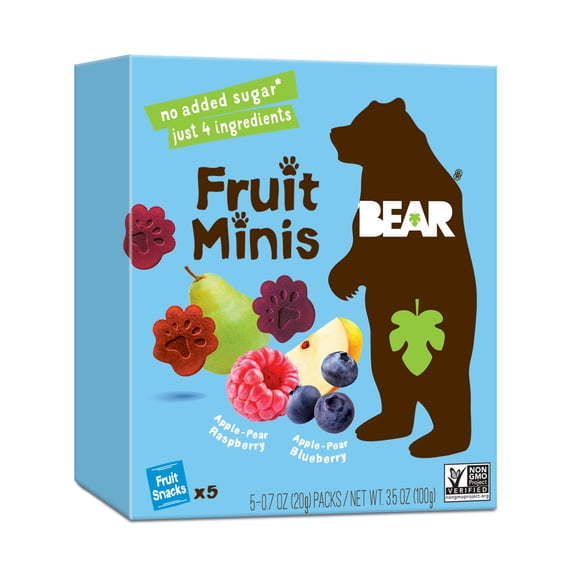 BEAR Fruit Minis Raspberry/Blueberry 3.5 oz, 5 Count, No Sugar Added Fruit Snacks