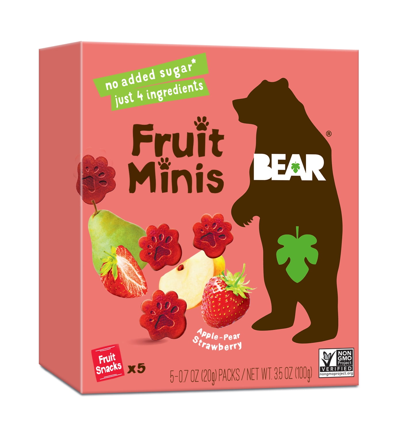 BEAR Fruit Minis Strawberry 3.5 oz, 5 Count, No Sugar Added Fruit
