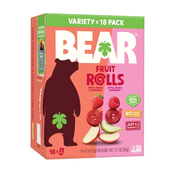 BEAR Fruit Snacks Variety pack Strawberry and Raspberry, 12.6oz, 18 count, 9 of each flavor, Made with Real Fruit