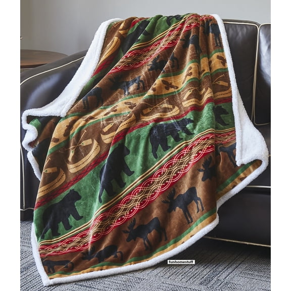 BEAR MOOSE LODGE WILDLIFE FLANNEL SHERPA LUXURY SOFT THROW BLANKET 50 x 60 inch