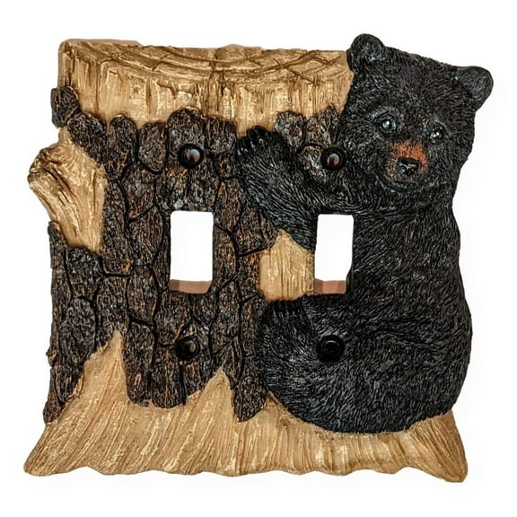 BEAR ON TREE TRUNK Double Light Switch Plate Cover, by Slifka