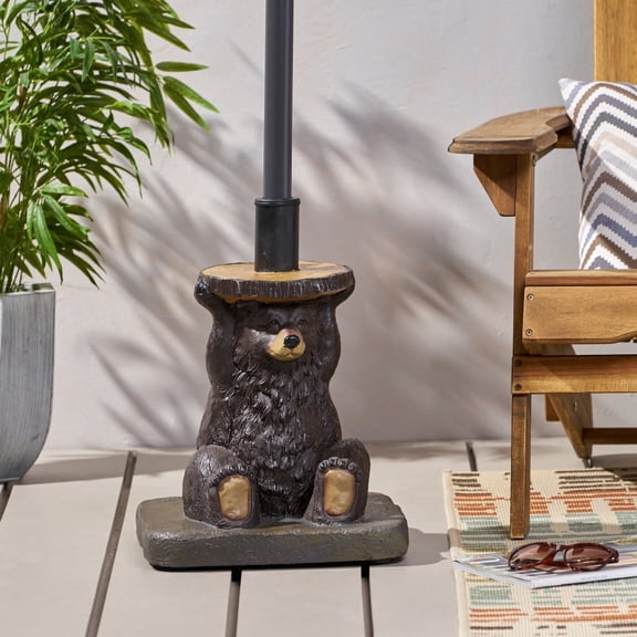 Bear Patio Umbrella Base, Lightweight Concrete with Resin Finish, Dark Brown Decorative Umbrella Stand, No Assembly Required