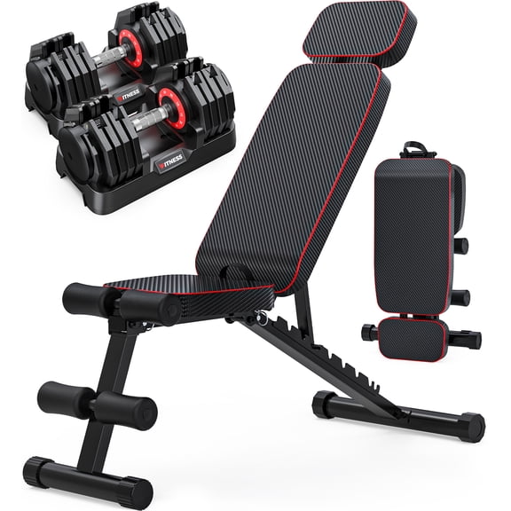 BEARBRO 9 Positions Adjustable Foldable Weight Bench Workout Bench with 10 in 1 Quick-Select 110LB(55lbs*2) Adjustable Dumbbells