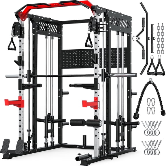 GIKPAL Smith Machine Home Gym, 2300LBS Heavy Duty Power Rack Cage with Squat Rack, Dual Pulley Cable Crossover System, Weight Bar & 360° Landmine
