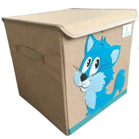 BEARCUBS Compact Cat-Themed Toy Box with Lid Burlap, Multicolor