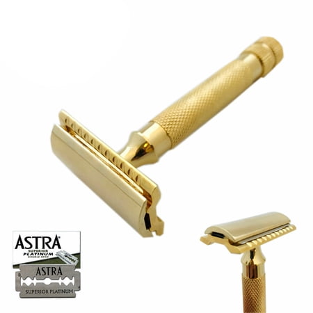 BEARD CUT THROAT BUMP FREE DOUBLE EDGE SAFETY RAZOR + 5 ASTRA SHAVING BLADE GOLD