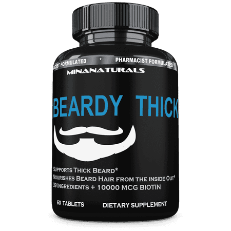 BEARDY THICK Beard Hair Growth Supplement. B7 - Biotin 10000 Mcg, Keratin, Collagen, Silica, and 36 More. Regrow Thicker Facial Hair.