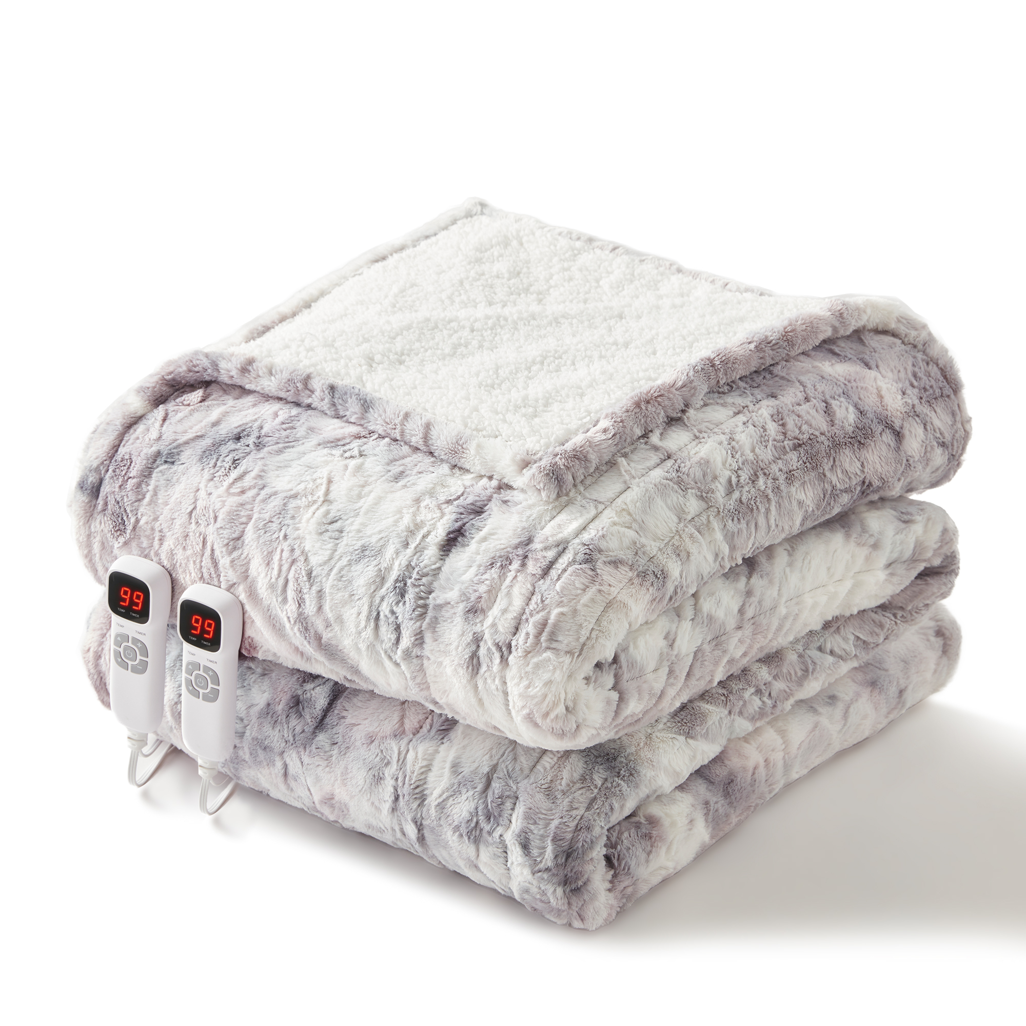 BEARKISS Heated Blanket Electric Queen Size 84"x90", 250g Flannel & 200g Sherpa, Dual Controllers Even Heating ETL Certified 9 Heat Levels, Light Grayish White