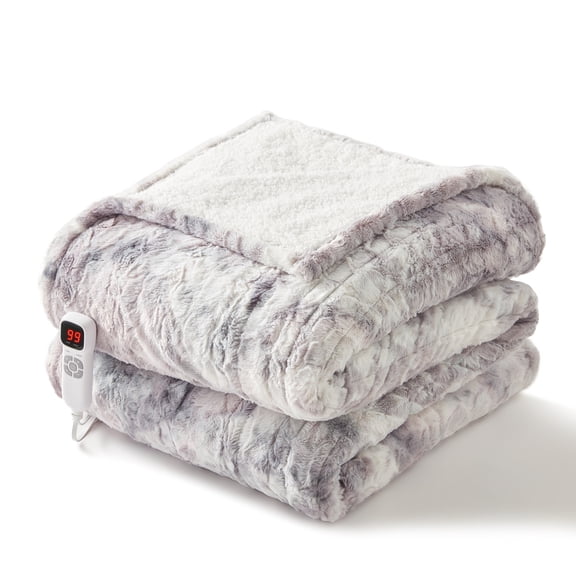 BEARKISS Heated Blanket Electric Throw Size 50"x60", 250g Flannel & 200g Sherpa, Even Heating ETL Certified 9 Heat Levels, Light Grayish White