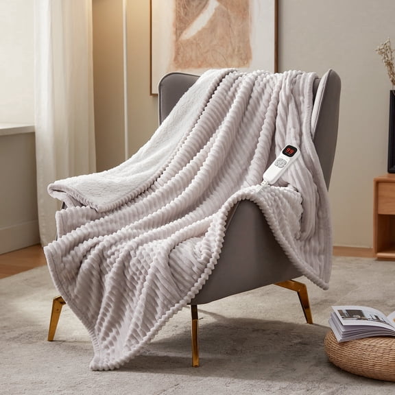 BEARKISS Heated Blanket Electric Throw Size 50"x60", ETL Certified 250g Flannel & 200g Sherpa, 9 Heat Levels 1-10H Timer, Light Grey