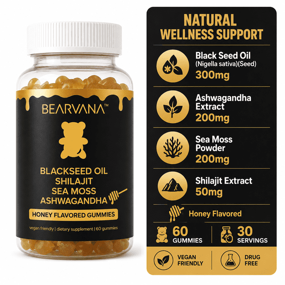 BEARVANA Black Seed Oil Gummies with Shilajit, Sea Moss & Ashwagandha, Honey Flavored, Vegan Friendly Dietary Supplement, 60 Count
