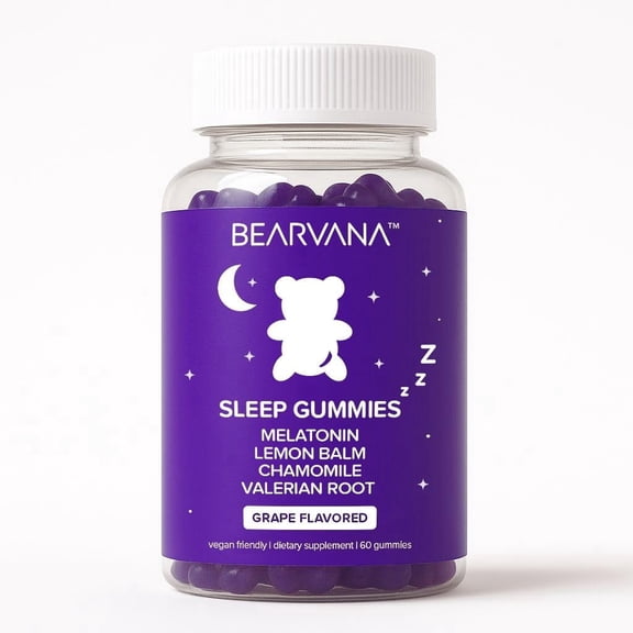 BEARVANA Sleep Gummies with Melatonin | Grape Flavored Vegan Sleep Supplement with Lemon Balm, Chamomile & Valerian Root | Night time Relaxation & Rest Support | 60 Gummies